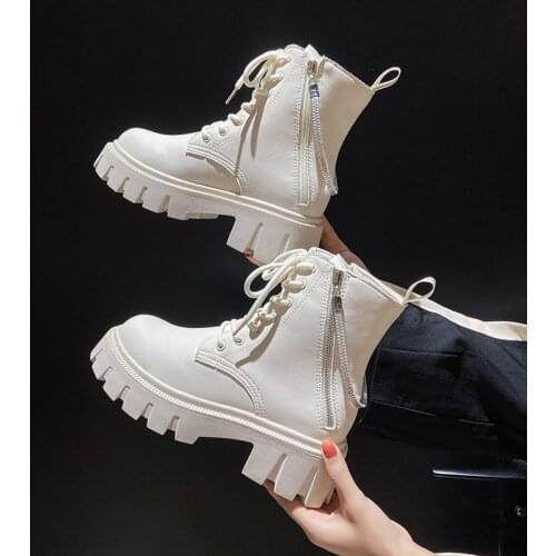 Women Boots British Style Martin Boots Zipper Winter Cotton Shoes 2021 Fall New Artificial Leather Boots Fashion High-top Shoes