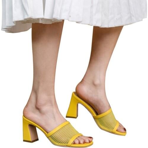 Sexy 2021 New Mesh Net Slippers Women Sexy See Through High Heels Open Peep Toe Slides Black Nude White Yellow Shoe Summer 34-43