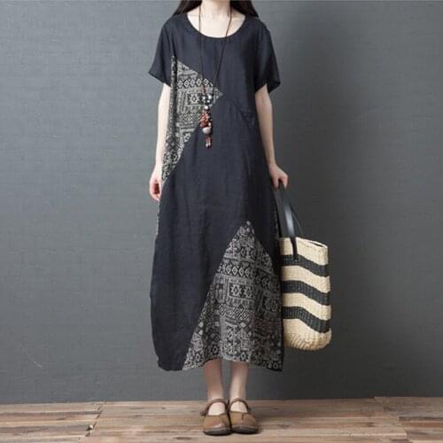 Women Short Sleeve Sundress Summer Solid Cotton Linen Dress O Neck Vestidos Female Robe Vintage Loose Casual Party Midi Dresses