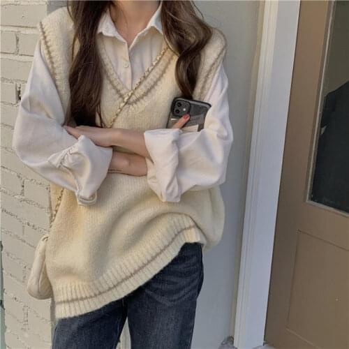 2021 Women Autumn 2 Piece Sets Sleeveless Knitwear Vest Tops and Solid Casual Long Sleeve Shirt Female Chic Loose Outfits Q882