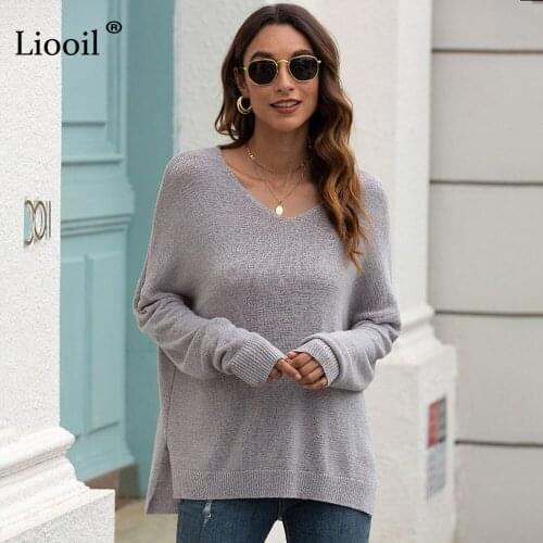 Liooil Casual Loose Sweater Women 2020 Autumn Long Sleeve V Neck Slit Gray Pullovers Female Knitted Sweatshirts And Blouses