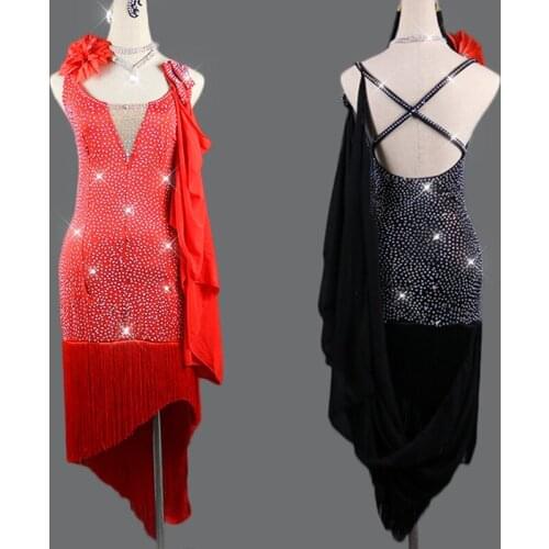 Latin Dance Dress Bling Rhinestone Sleeveless Tassel Performance Dresses Tango Salsa Cha Cha Rumba Samba Lady Dancewear DNV11776
