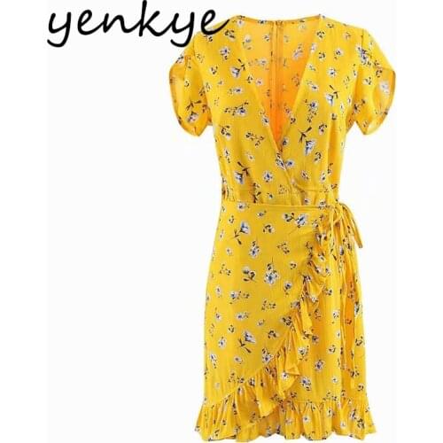 YENKYE Floral Print Yellow Ruffle Dress Women Cross V Neck Short Sleeve Holiday Casual Wrap Dress Female Summer Mini Robe