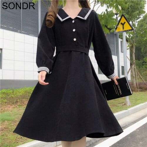 College Style Sweet Soft Girl Dress Women Autumn Navy Collar Loose Slim Long Sleeve Midi Dresses Korean Ladies Solid Dress Cute