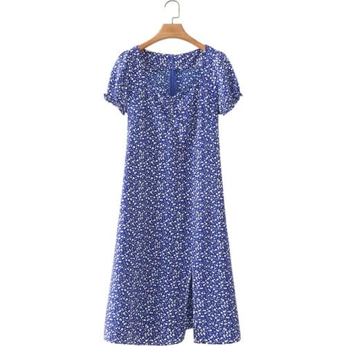 Summer Womens Casual Floral Print Square Neck Short Sleeve Split Slim Dress