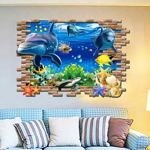 3D Dolphin Wall Stickers Under Water World Sea Scenery Wallpaper Sticker Living Room Kids Bedroom Nursery Wall Decals Home Decor