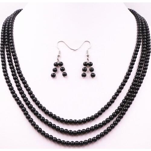 Grace Beads Necklace Earrings Jewelry Set for Women Charms 4mm Round Baking Paint Glass Black Lacquer Statement Chain Sets A598