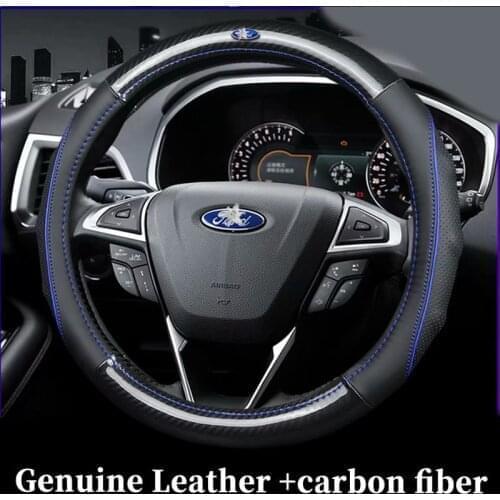 For Ford EcoSport Kuga Escape Expedition EL Max Explore Ranger Edge Car Genuine Leather Carbon Fiber Steering Wheel Covers 38cm