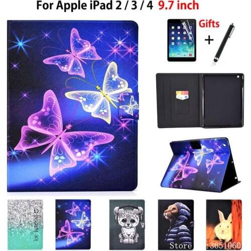 Case For Apple ipad 2 3 4 Smart Case Cover For iPad4 iPad 3 iPad 2 Funda Fashion Butterfly PU Leather Stand Skin Shell +Film+Pen
