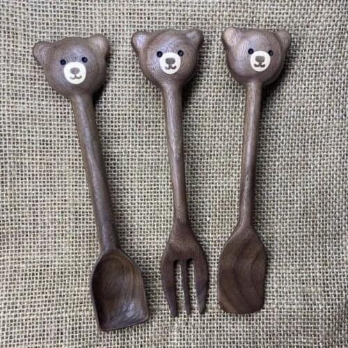 Bear Wooden Spoon Cartoon Handmade Coffee Spoon Honey Jam Spoon Dessert Forks Scoops Tableware Kids Kitchen Tools Accessories