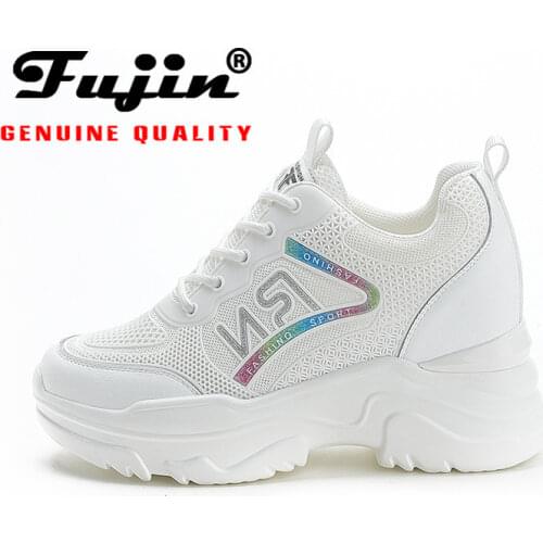 Fujin 2021 wedge heels air mesh platform wedge shoes white breathable chunky sneakers summer walking shoe genuine leather