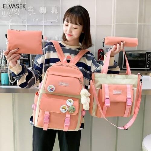 Harajuku Women Laptop Backpack 4 Pcs Set Canvas School Bags For Teenage Girls Kawaii College Student Kids Book Bag Rucksack 2021