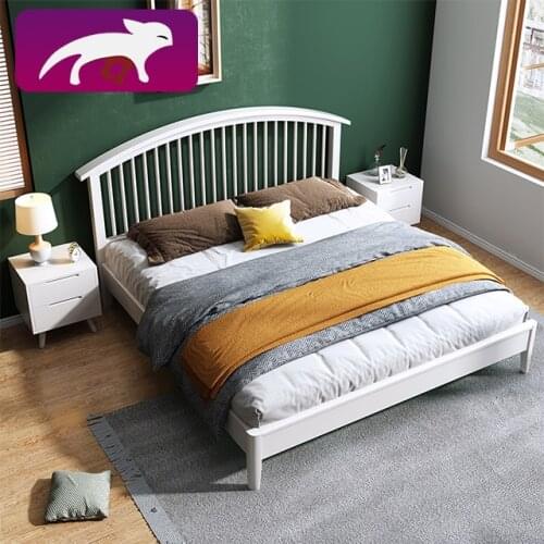HRZ Bedroom Rubber Wood Frame White Adult Bed Hotel Bedroom Bed