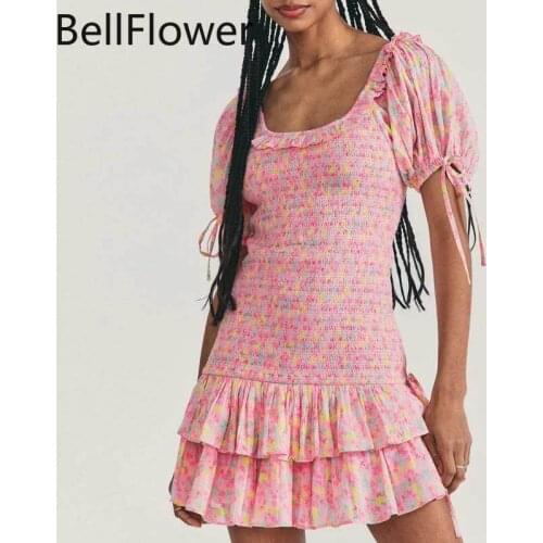 Ruffle Lantern Sleeve Mini Dress for Women 2021 Summer Pink Floral O-Neck Flounced Boho Dresses Bohemian Smocked Dress Vestido