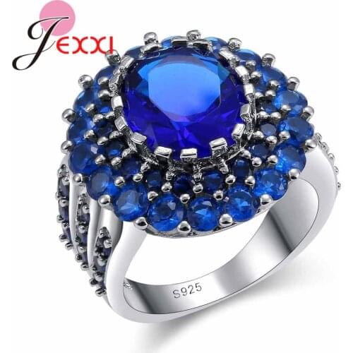 Trendy Luxury Blue Rhinestone 925 Sterling Silver Finger Rings For Charming Women Wholesale Price High Quality
