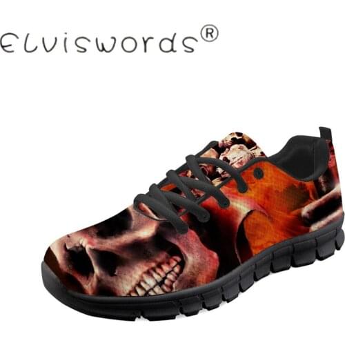 ELVISWORDS Male shoes Custom logo Skull partten Men Casual Sneakers Spring Autumn Black Lace-up shoe Breathable lignt size 37-45