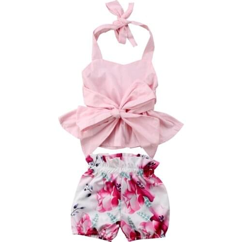 Hot Sale 0-24M Girl Clothes 2PCS Newborn Baby Girls Summer Bow-knot Backless Belt Halter Sleeveless Tops +Floral Pants Clothes