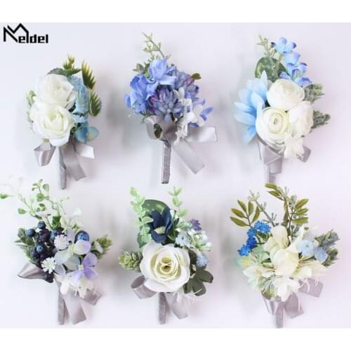 Meldel Corsage Bridegroom Boutonniere Lapel Pin Bride Wrist Corsage White Blue Rose Bracelet Wedding Party Personal Floral Decor
