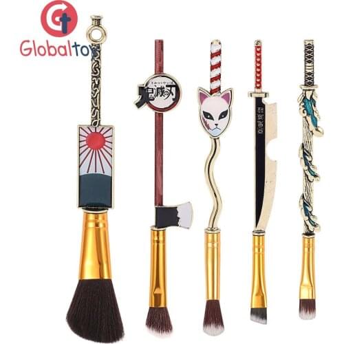 5Pcs Anime Demon Slayer Makeup Brush Set Demon Slayer Baby Comestic Powder Highlight Blending Eyebrow Eyeshadow Brush Tool Kit