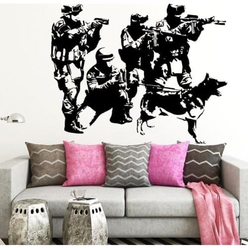 Police Swat Wall Sticker Military Dog Soldiers Decal Commando Kids Boys Bedroom Wall Decoration Creative Living Room Decor