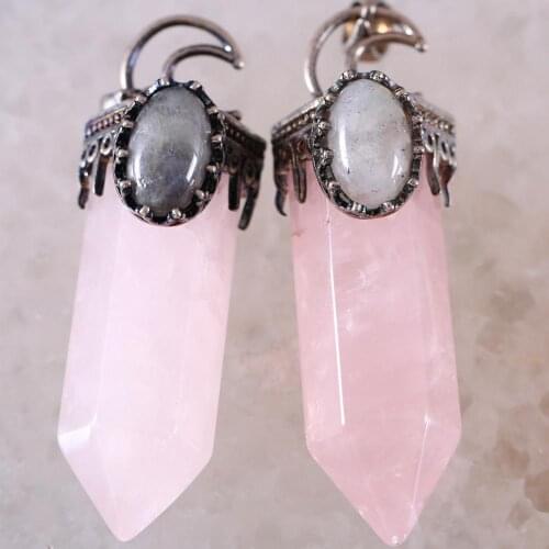 Necklace Pendant Natural Stone Labradorite Pink Crystal Hexagon Crown Half Moon for Making Jewelry 1Pcs K793