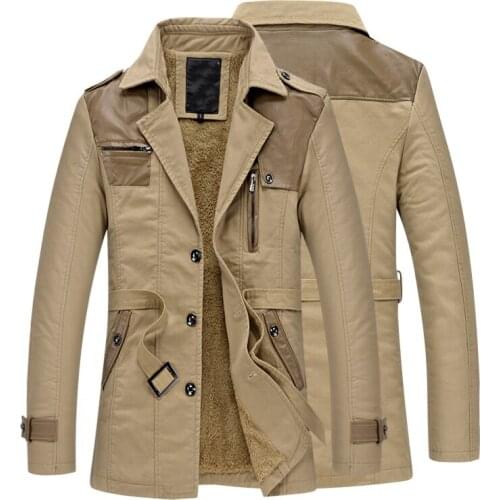 Men Patch Leather Casual Warm Trench Male Windbreaker Plush Stitching Loose Trench Business Casual Trench Patch Leather Coat