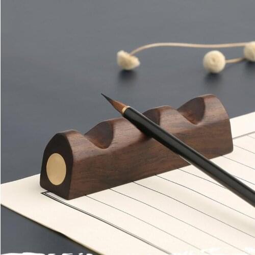 Luxury Chinese Calligraphy Painting Pen Holder Solid Wood Pen Resting Brass Embedded Desk Supplies Hill Shape