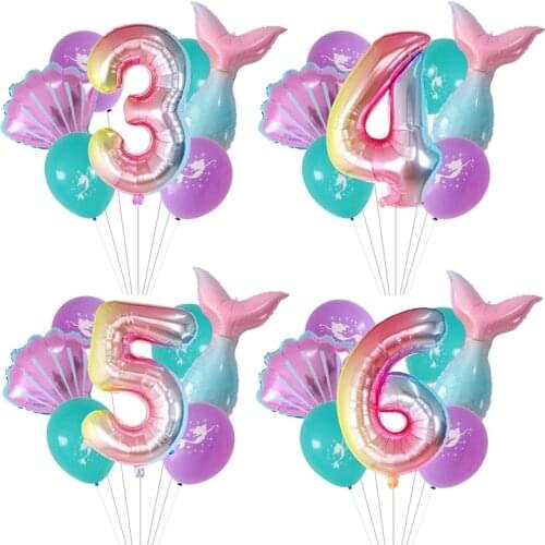 7pcs/Lot Mermaid Party Balloons Rainbow Number Foil Balloon Kids Birthday Party Decorations Baby Shower Decor Helium Globos
