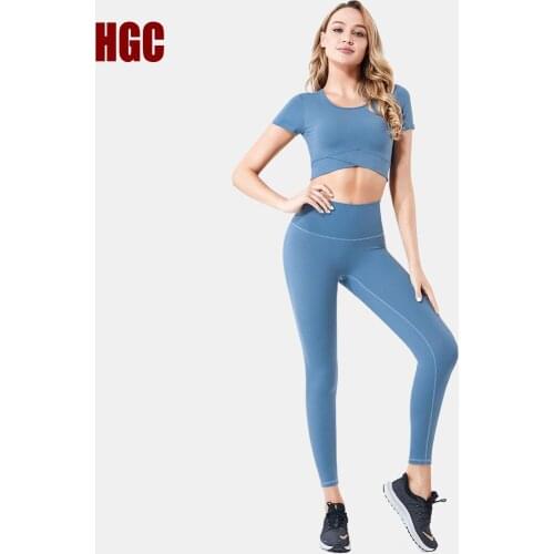 Sports Fitness Sexy High Waist Yoga Two-piece Set Gym Workout Running Gymwear Push-up Crop Top Leggings Suit Active Wear HGC