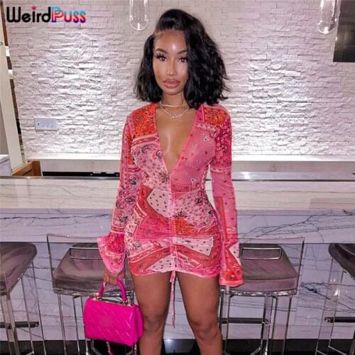 Weird Puss Mesh Sexy Women Long Sleeve Dress Drawstring Bandage Deep V Skinny Mini Bodycon 2021 New Fashion Prom Party Clubwear