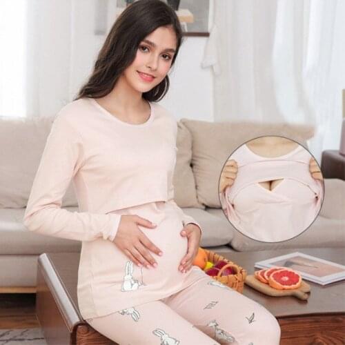 Spring Autumn Maternity and Nursing Set Pregnant Pajamas Postpartum Nightwear Premama Cotton Tops&pants Long Sleeve Top&pants