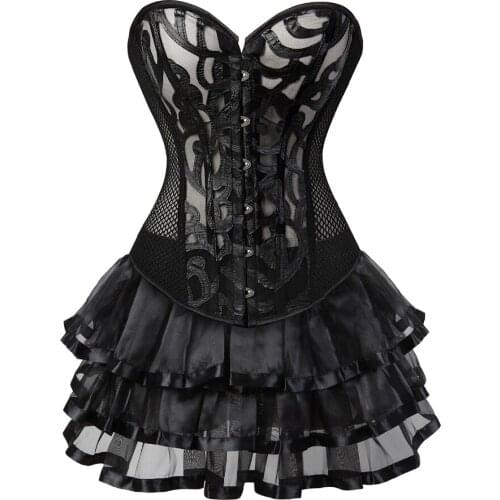 Corset Skirt for Women Steampunk Breathable Mesh Bustiers Dress Korsage See Through Push Up Classic Clubwear Carnival Costume