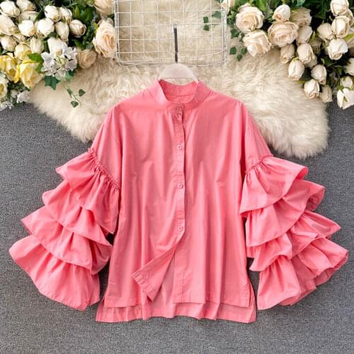 Womens Spring Autumn Runway Fashion Designer Ruffles Flare Sleeve Shirt Female High Waist Casual Loose Blouse Top TB806