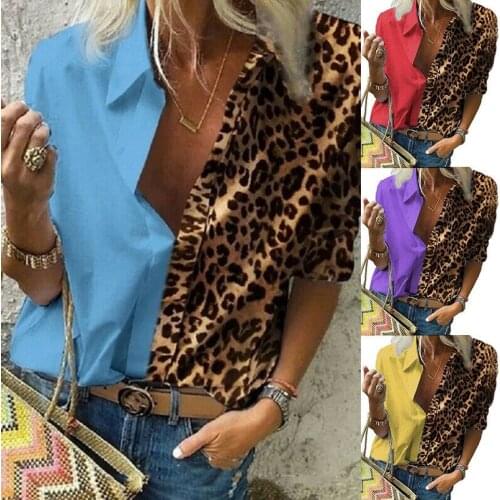 Women V-neck Spring Autumn Office Shirts Long Sleeve Blouses Leopard Print Tops