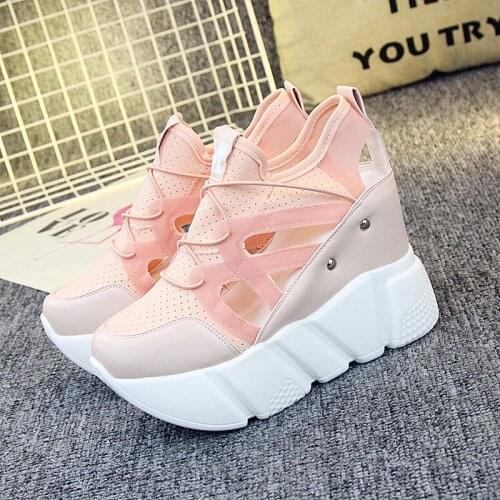 Summer new style hollow breathable slope with pure color inner increase womens shoes thick-soled casual sports shoes