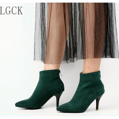 Plus Size 34-48 Fashion Women Ankle Boots Stiletto High Heels Sexy Sock Shoes Pumps Cow Suede Pointed Toe Zip Boots Zapatos Muje