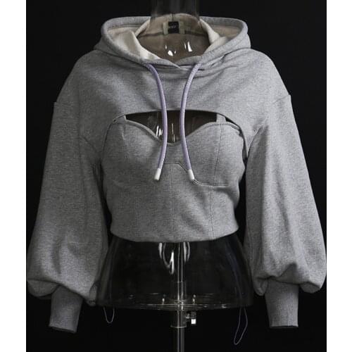 Women Crop Hoodie Hollow Out Autumn Spring Pullover Hooded Sweatshirt Tracksuit High Street