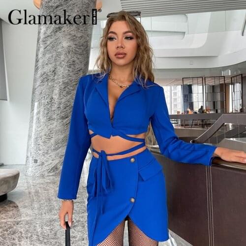Glamaker Office ladies blue skirts suits Bandage cropped blazer jacket and A-line skirts Elegant chic lace up women sets new