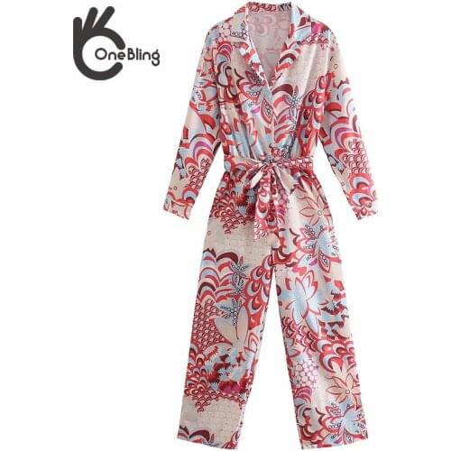 OneBling Printed Summer Thin Style Women Rompers Button Front High Waist Ankle Length Female Casual Beach Jumpsuit Bohemian
