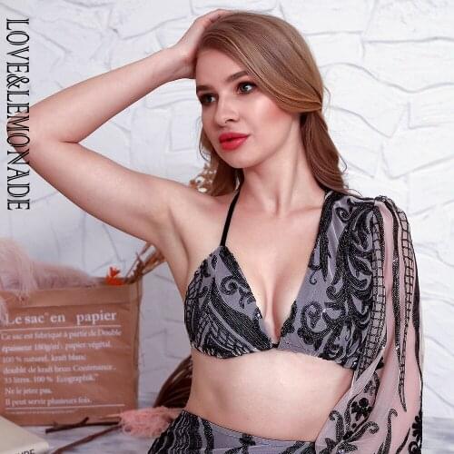 LOVE&LEMONADE LOVE&LEMONADE Black Geometric Pattern Sequins Asymmetrical Lantern Sleeves Short Strap Top LM83063T