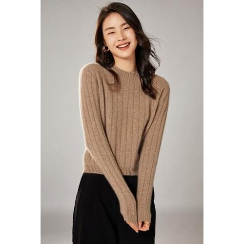 Zocept 100% Wool Knitted Sweaters Autumn Winter Women Elegant Fashion Slim Round Neck Long Sleeve Pullover Tops Knitwear Jumpers