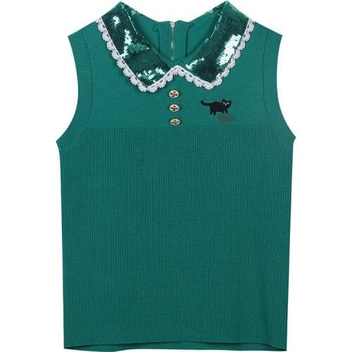 Fashion Lapel Sequined Kitten Embroidered Green Slim Knit Vest Sweet Women Ladies New Fashion Elegant Top Runway Clothing 2021