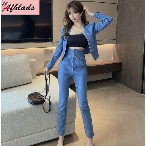 Autumn New Vintage Two-Piece Outfits Long-sleeved V-neck short denim jacket + high waist Pants Fashion Office Lady two-piece Set