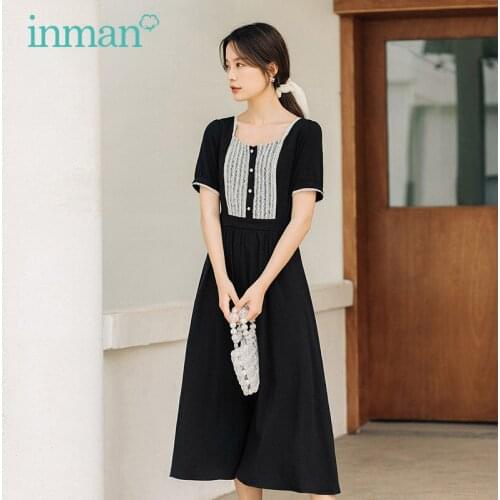 INMAN Lady Black and White Lace Patchwork Dress Women Summer Elegant Vintage Style Square Collar Short Sleeve One Piece