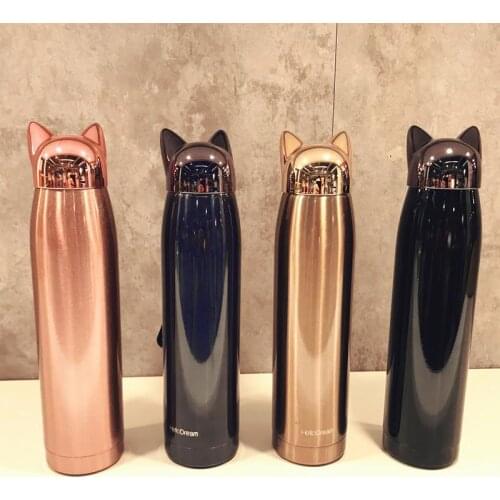 Gold Bowling Thermos Bottle Stainless Steel Vacuum Flasks Cute Cat Fox Ear Thermal Coffee Tea Milk Travel Mug Termo Gato