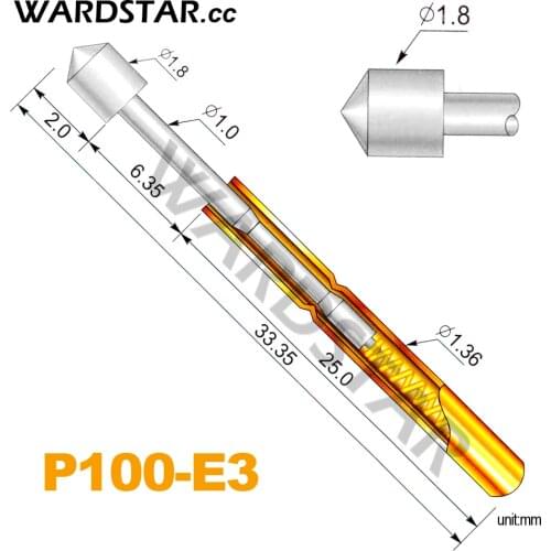 100pcs/lot P100-E3 Dia 1.8mm Spring Test Probes Pogo Pin Length 33.35mm (Stroke Spring Froce:180g) Wholesale