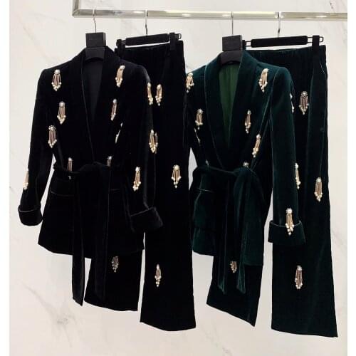 2021FW Autumn Luxury Women Beading Tassel Velvet Blazer Jacket With Casual Long Trouse Female Pants Suits Sets Ladies Gdnz 8.15