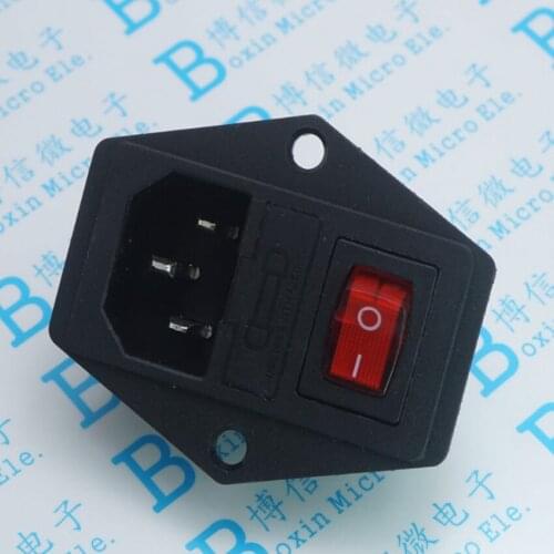 5PCS/Lot 10A 250VAD 3-pins AC Power Socket/Jack outlet Connector with Red lamp Rocker switch and Fuse holder