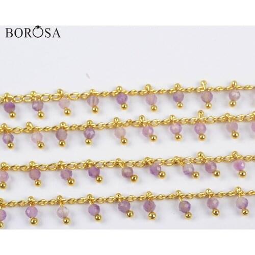 BOROSA 3Meters Natural Amethysts Beads Faceted Chains Purple Crystal Quartz Beads Brass Chains JT262