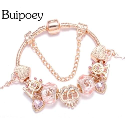 Buipoey Rose Gold Crystal Beads Charm Bracelets & Bangles Crown Heart Bracelets For Women Femme Wedding DIY Popular Jewelry